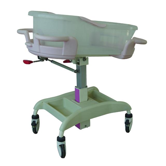 1)4 castors with cross brakes.   2)The color is warm and comfortable, the two side palisade type activity switch can be graded to adjust, effective prevent the child accidentally to fall the bed.   3)High strength transparent baby basin, the whole car looks beautiful, generous, practical.  4)The airpull regulates the whole baby basin .  5)Gas spring lifting device can adjust the vertical position.convenient of the communication between the mother and baby