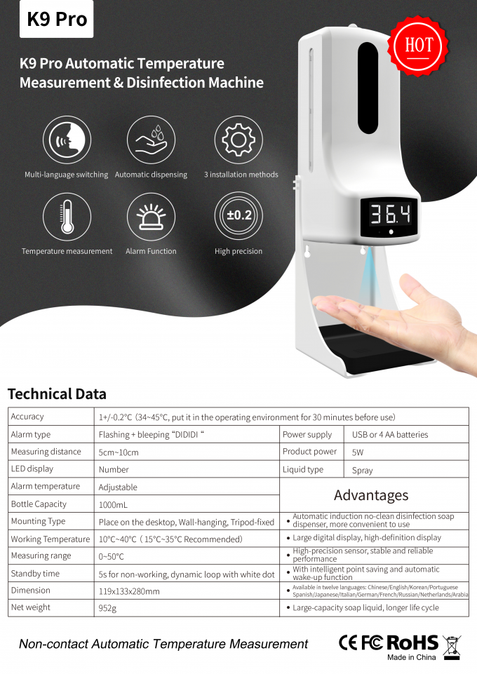 K9 Pro Plus Termometer Wall Mounted Hand Sanitizer Dispenser Sabun 1000ml 10cm 1