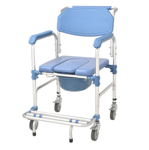 Bingkai Paduan Aluminium Biru PP Kursi Toilet Empat Roda Dengan Rem 0