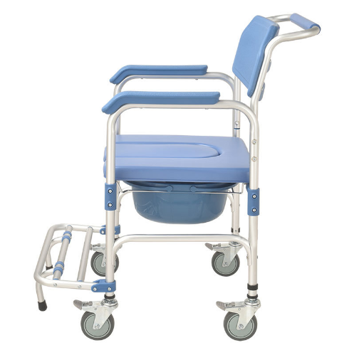 Bingkai Paduan Aluminium Biru PP Kursi Toilet Empat Roda Dengan Rem 1