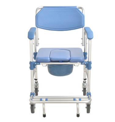 Bingkai Paduan Aluminium Biru PP Kursi Toilet Empat Roda Dengan Rem